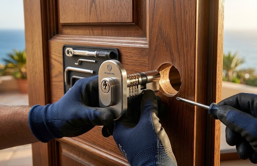 Instalación de cerradura de alta seguridad en puerta de chalet en Cala de Montjoi